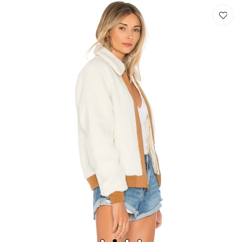 Revolve Lovers + Friends Simone Faux Fur Sherpa Ivory & Tan Bomber Jacket,Small - Picture 2 of 10